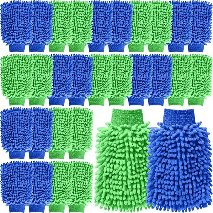 Patelai 30 Pcs Car Wash Mitt Scratch Free Microfiber Chenille Car Wash Gloves Double Sided Absorbent Mitt for Washing Cleaning Cars Trucks Boats, 9.45 x 5.9 Inch(Green,Blue)