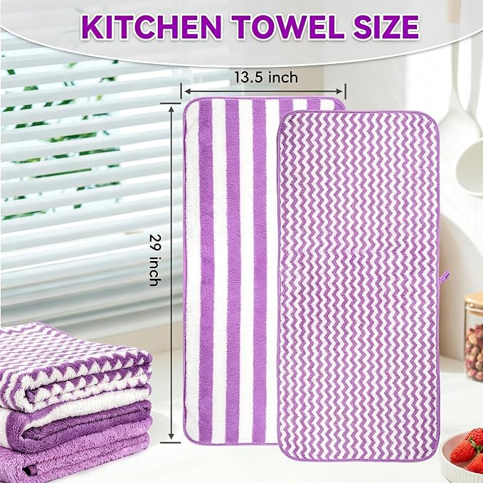 Microfiber Cleaning Cloth 6 Pack, Ultra Soft Super Absorbent Lint Free Dish Towels with Hanging Loop, 13.5x29 Inch Purple Reusable Kitchen Towels for Kitchen, Window, Car, Household