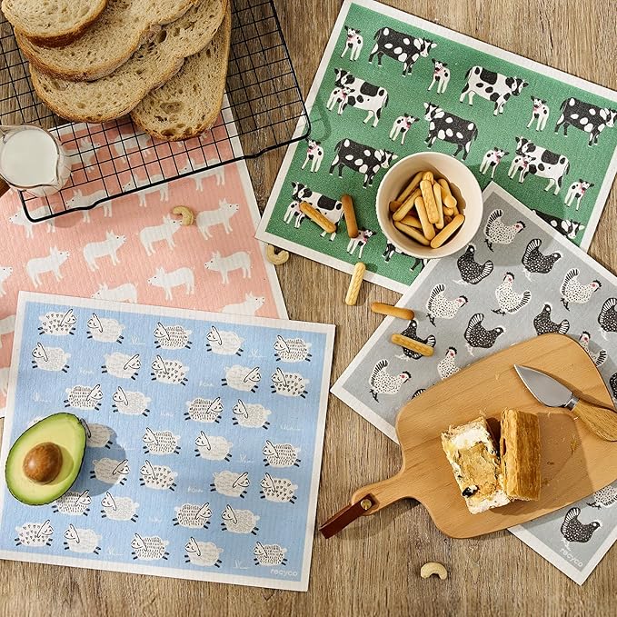 RECYCO Swedish Dishcloths for Kitchen | 4 Pack Oversized Washable Dish Rags | Large Cellulose Reusable Cleaning Paper Towels | Absorbent Counter Dish Cloth Sponge XL Kitchen Wipes, 12" L x 12" W