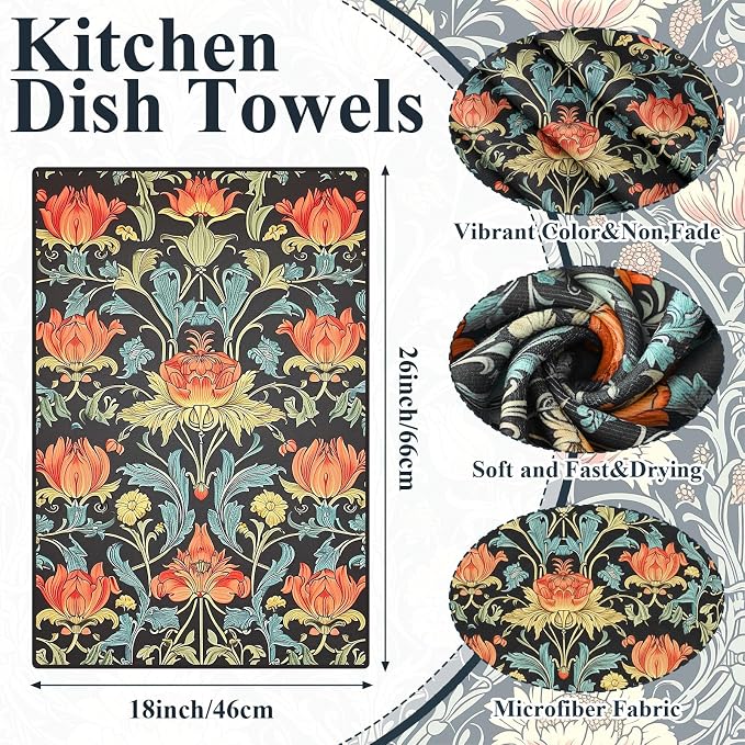 Tegeme 4 Pcs William Morris Floral Kitchen Dishcloth Retro Vintage Flowers Dish Towel 18 x 26 Inch Reusable Absorbent Towel Microfiber Decor for Bathroom Baking Cooking Cleaning Holiday Party Supplies
