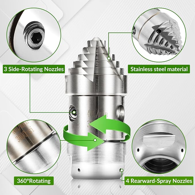 3/8" Sewer Jetter Nozzle for Pressure Washer, 360° Rotating Strong Shot Nozzle for Pipe Cleaning, Stainless Steel Jetter Drain Cleaner, 3000 PSI, 40 L/min, 3/8" NPT Female Thread