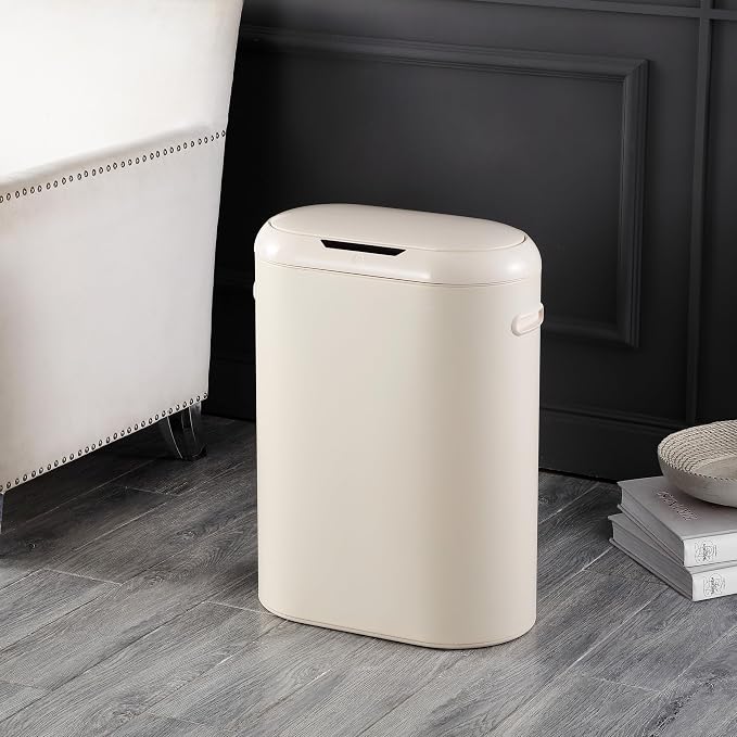 happimess HPM1016D Robo Kitchen 13.2-Gallon Slim Oval Motion Sensor Touchless Trash Can with Touch Mode, Fingerprint Resistant, Modern, Minimalistic for Kitchen, Office, Bathroom, Limestone Beige