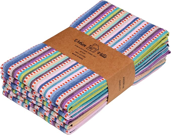 Urban Villa Easter Collection Kitchen Towels Multi Dobby Stripes Premium Quality 100% Cotton Dish Towels Mitered Corners Ultra Soft (Size: 20X30 Inch) Highly Absorbent Bar & Tea Towels (Set of 6)