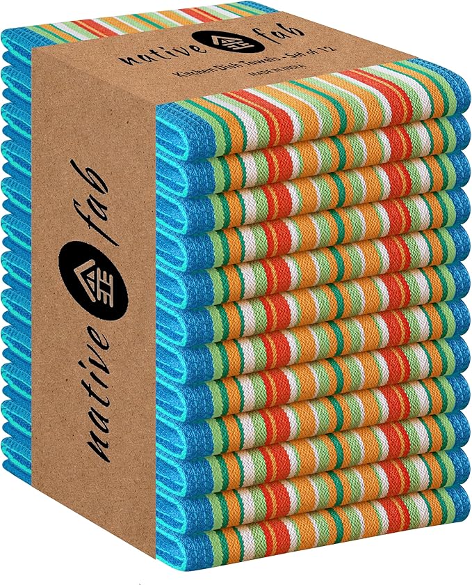 Native Fab Mexican Salsa Stripe Kitchen Towels, 12 Pack, 18x28 Inches, Cotton Dish Towels, High Absorbent, Rustic Farmhouse Boho Kitchen Decor, Reusable, Washable Dishcloth Set, Turquiose Blue