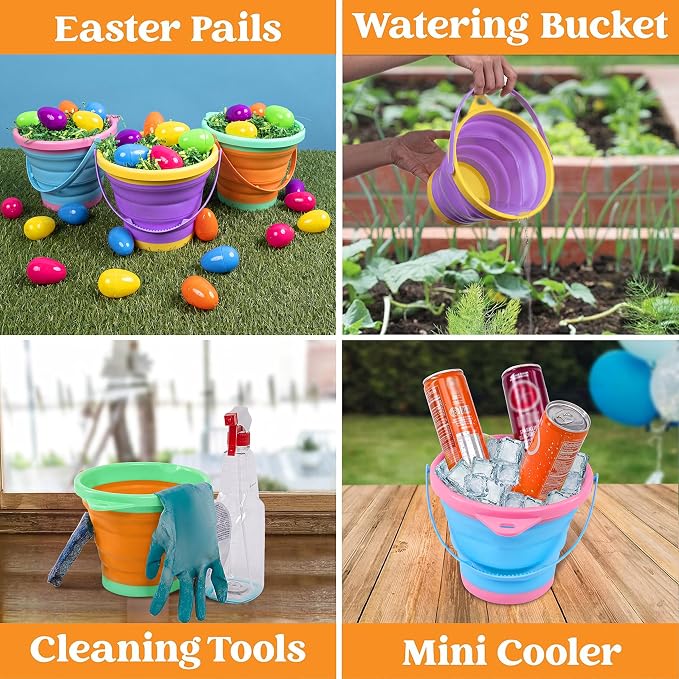JOYIN 3 Packs Foldable Pail Bucket with Shovels & Mesh Bag, Collapsible Buckets Multi Purpose for Beach, Camping Gear, Beach Party, Fishing, and Fun Summer Activities (Orange/Blue/Purple)