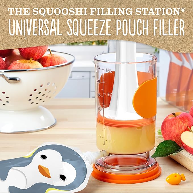 The Filling Station: Squooshi Food Pouch Filler + 6 Large 5 oz Reusable Pouches for Baby Food Puree Storage and Snack Food Pouches