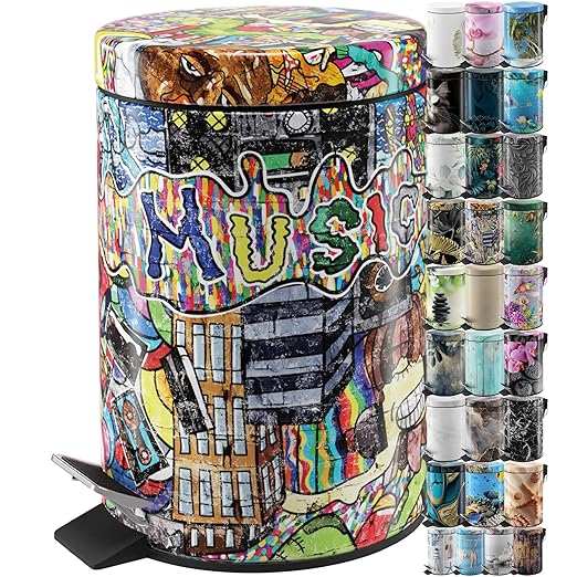 Sanilo Small Bathroom Trash Can with Lid [1.3 Gallon] - Lidded Tiny Trashcan for Garbage - Mini Metal Bin with Soft Closing Mechanism - Bath Room Accessoire Wastebin with Inner Bucket (Graffiti)