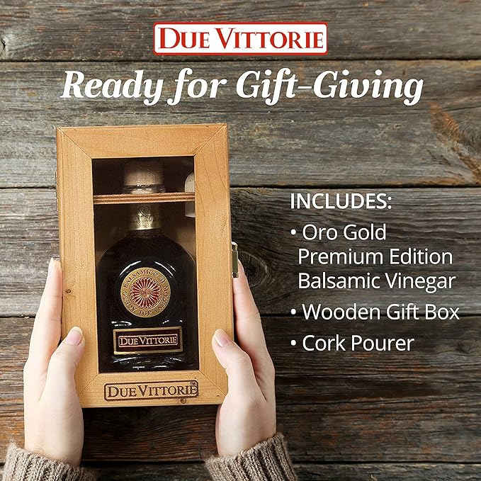 Due Vittorie Oro Gold Premium Edition Balsamic Vinegar Gift Set with Cork Pourer and Wooden Gift Box - Oak Barrel Aged Balsamic Vinegar of Modena - 8.45 fl oz
