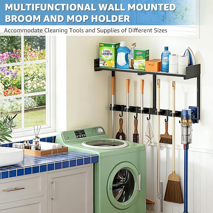 HUFAND Broom Holder Wall Mount, 27" Large Mop and Broom Organizer Wall Hanging with Top Storage Shelf & Vacuum Hook, Heavy Duty Iron Utility Rack for Laundry Room, Garage, Kitchen, Garden - Black