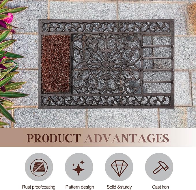 Heavy Duty Cast Iron Boot Scraper Door Mat with Brush, Outdoor Shoe Scraper for Mud Removal, Front Door, Porch, Patio and Garden Entrance