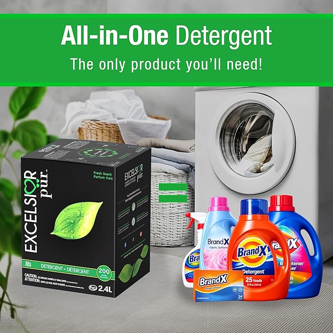 Excelsior Pür 7.5x Ultra Concentrated Liquid Laundry Detergent, 2.4 L / 200 Loads, All-in-One Formula with Odor Suppressant, Includes 120 mL Stain Remover + Eco Dispenser