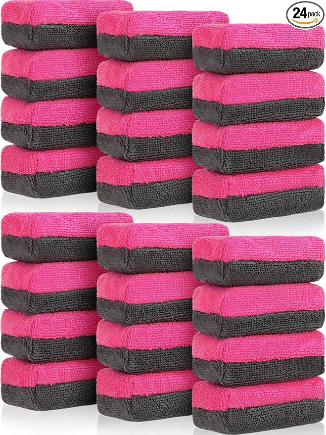 Mudder 24 Pcs 3.5 x 1.5 x 1.5 Inch Car Wax Applicator Pad Rectangular Microfiber Pads Sponge Ceramic Coating Applicator Car Foam Cleaning (Pink and Gray)