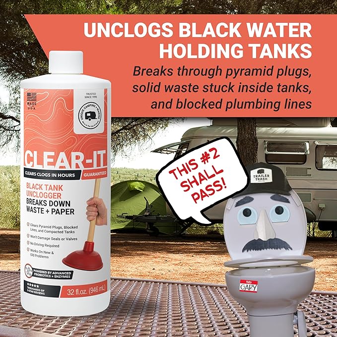 Unique Clear-It RV Black Tank Unclogger Liquid – Breaks Through Pyramid Plugs, Compacted Tanks & Clogged Pipes Without Messy Tools (32 oz) Amazon-Exclusive Packaging