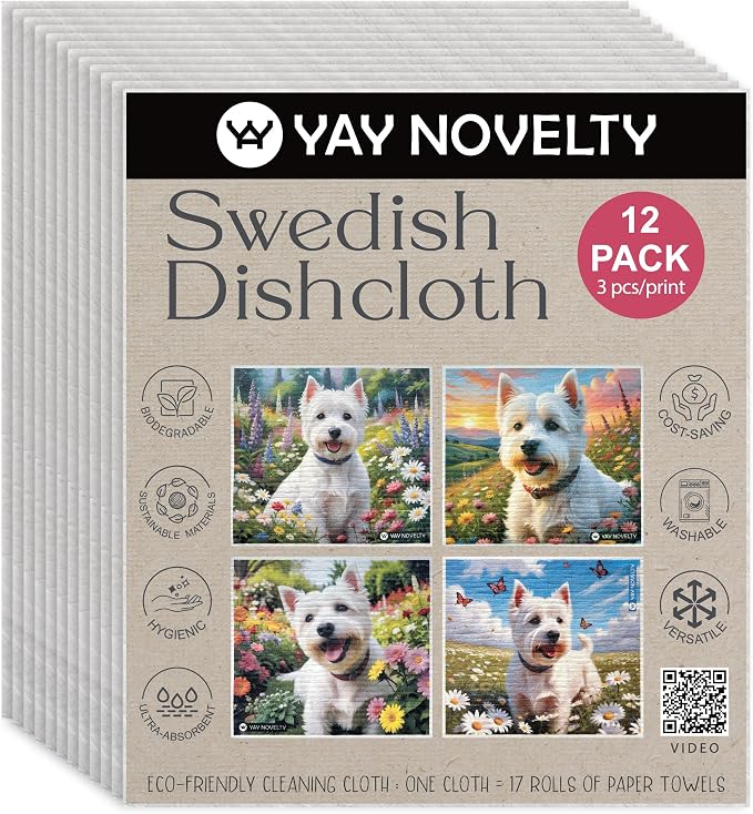 Swedish Dishcloths - 12 Pack | Made in Germany | Ultra-Absorbent, Reusable Cellulose Sponge Cloths for Kitchen | No-Odor, Eco-Friendly Cleaning Wipes | Water-Based Ink | Westie