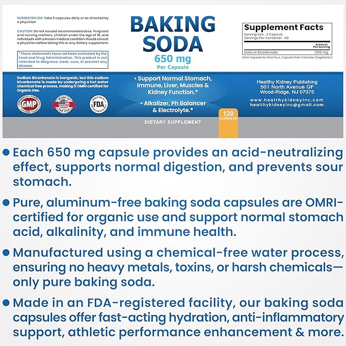 Natural Baking Soda Capsules - 650mg Baking Soda Tablets for Kidney & Stomach Acid - Sodium Bicarbonate Pills, Bicarbonate of Soda, Bicarbonato de Sodio para Tomar, Sodium Bicarbonate 650 mg 2-Pack