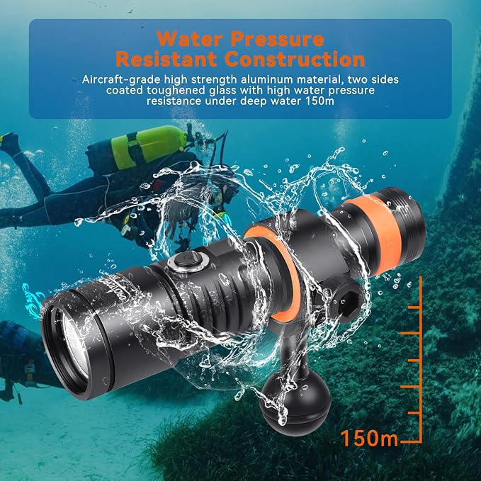 ORCATORCH D530V 1200 Lumens Underwater Video Light, 120° Super Wide Beam Dive Flashlight, 2 Modes with ZJ18 Ball Joint, IP68 Waterproof (150m) for Scuba Diving Photography/Videography