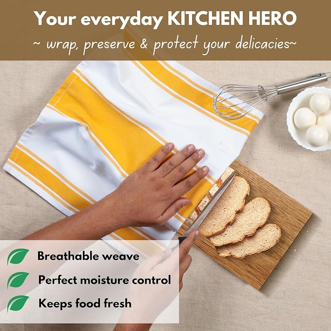 Native Fab Yellow Striped Dish Towels 18"x28", 4 Pack, Wide Stripe, Highly Absorbent, Fast Dry, 100% Cotton Hand Towels for Drying Dishes, Glassware, Dishcloth Set, Kitchen Cleaning Towel - Yellow