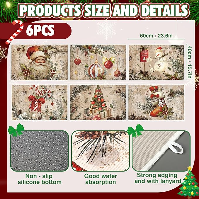 Meanplan Set of 6 Christmas Dish Drying Mats for Kitchen 24"x 16" Retro Xmas Kitchen Accessories Santa Berries Rectangle Table Mats Washable Absorbent Drainer Draining Dry Pad for Christmas Home Decor