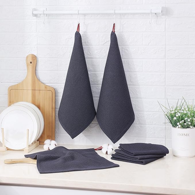 Kitinjoy 100% Cotton Kitchen Dish Cloths (12 X 12 Inches, Dark Grey), 8 Pack Waffle Weave Ultra Soft Absorbent Dish Towels for Drying Dishes Quick Drying Kitchen Towels Dish Rags