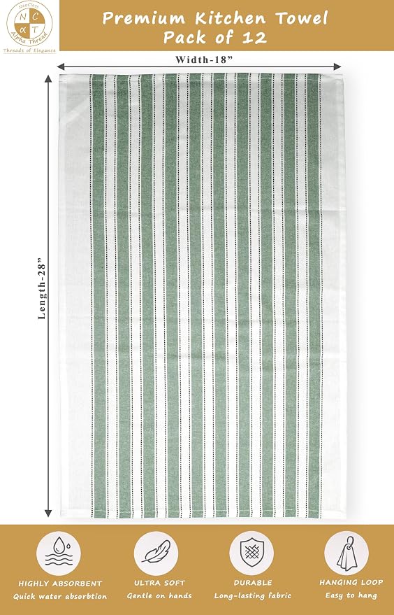 Pack of 12 Cotton Kitchen Towels Set, Dish Towels, Cleaning Rags, Kitchen Dish Cloths for Washing Dishes, Cotton Cleaning Cloths, Ultra Soft, Lightweight & Quick Dry, Flat Weave, 28"x18", Olive & Gray