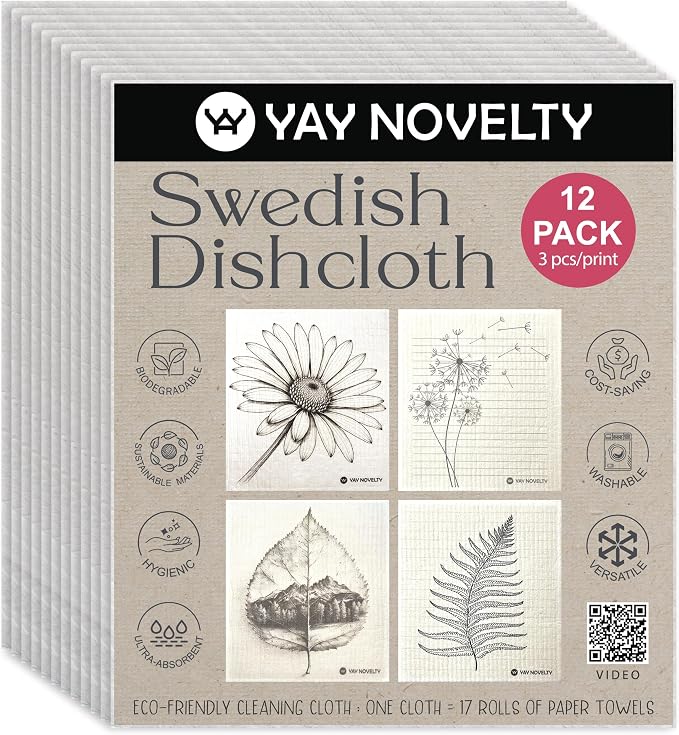 Swedish Dishcloths - 12 Pack | Made in Germany | Ultra-Absorbent, Reusable Cellulose Sponge Cloths for Kitchen | No-Odor, Eco-Friendly Cleaning Wipes | Water-Based Ink | Bookmark