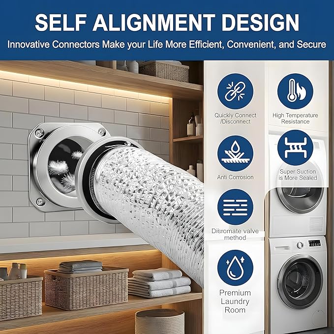 Magnetic Dryer Vent Connector Kit, Quick-Connect 4 Inch Dryer Vent for Tight Laundry Rooms, Save Up to 3–6 Inches of Space, Strong Magnetic Hold, Airtight Seal, Includes 3.3FT Aluminum Hose & 2 Clamps