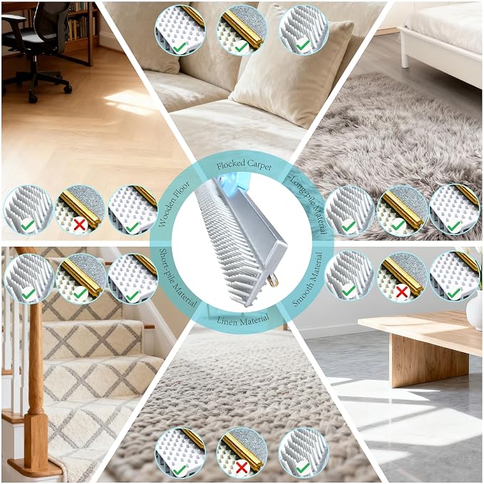Lazyfeel Pet Hair Remover for Carpet & Upholstery, Adjustable Handle | Double-Sided Rubber Carpet Rake for Dog & Cat Fur. 4-Piece Kit: Rake, Mini Brush, Gap Scraper, Grooming Glove. Reusable.