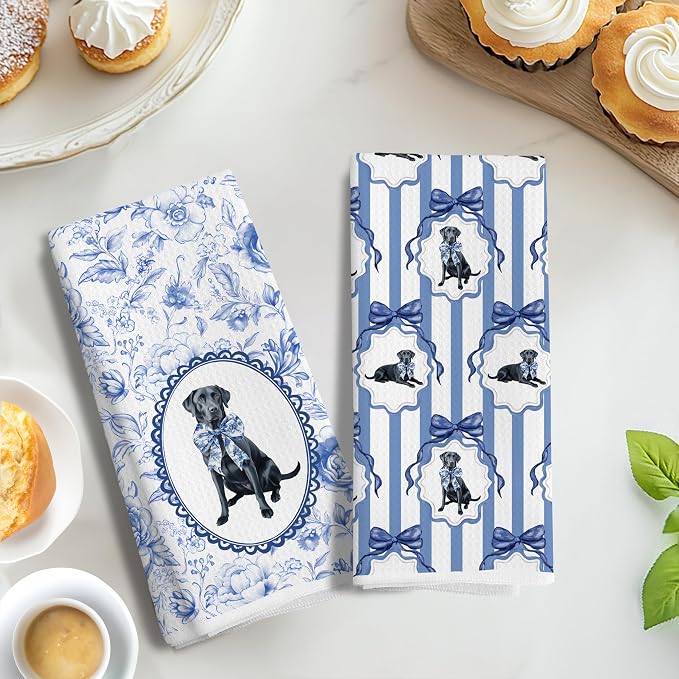 Chinoiserie Black Labrador Retriever Kitchen Towels, Blue and White Floral Black Lab Gifts Dish Tea Towels,Grandmillennial Botanical Dog Hand Towels for Kitchen Bathroom, 16x24 Inch Set of 2