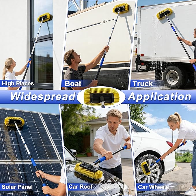 18FT Reach Car Wash Brush with Long Handle, 3 to 12 FT Car Cleaning Brush with Soft Bristle, Aluminium Telescoping Pole for Solar Panel, House Siding, SUV, Cars, Trucks, RV, Floors, Navy