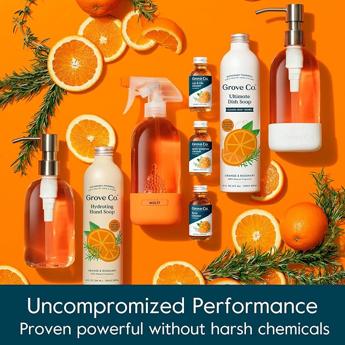Grove Co. Multi-Purpose Cleaner Refills & Glass Bottle, Orange & Rosemary | 2 refills and 1 Reusable Glass Bottle; Plant-based; No plastic waste; Ammonia & chlorine free; No Harsh Chemicals