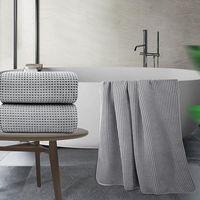 POLYTE 430 GSM Microfiber Quick Dry Lint Free Bath Sheet, 70 x 35 in, Set of 2 (Waffle Weave)