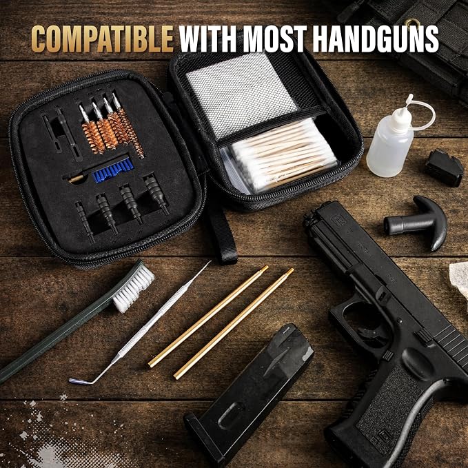 GLORYFIRE Universal Gun Cleaning Kit Fits .22 .357/9mm .38 .40 .45 Cal Handguns & Pistols Compact Carrying Case for Portability Multiple Styles with Brass or Plastic Jags & Tips for Shooting and Range