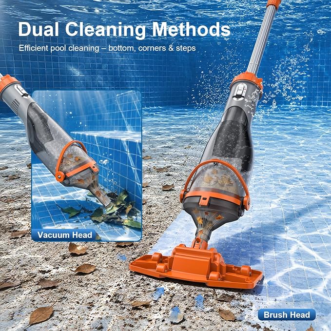 COWSAR Pool Vacuum for Above Ground Pool, VortexForce™ Technology 18.5GPM Strong Suction, 60 Min Runtime Cordless Pool Vacuum with 13.4" Wide Head & 59” Telescopic Pole for Pools/Spas/Hot Tubs, Orange
