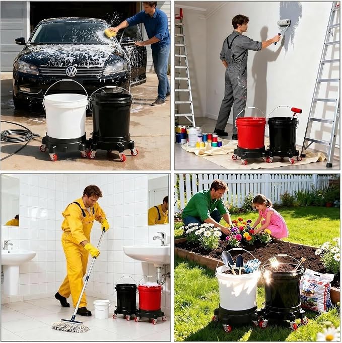 2 Pcs 5 Gallon Bucket Dolly, 11 Inch, Black Set | 1 Car Washing Glove, 5 Heavy Duty Wheel Casters, 360° Rolling, Connectable & Locking, For Car Wash, Garden & Garage