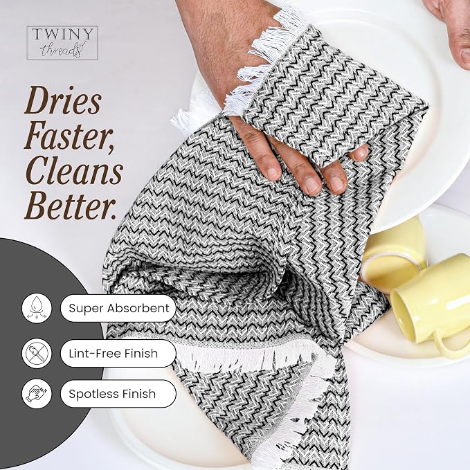 TWINY threads Kitchen Towel Chevron Weave, Premium Kitchen Linen Set, Large 100% Cotton Dish Rags, Absorbent Quick Drying for Daily Use, Washable Reusable, Set of 12, 16x26 Inches, Black