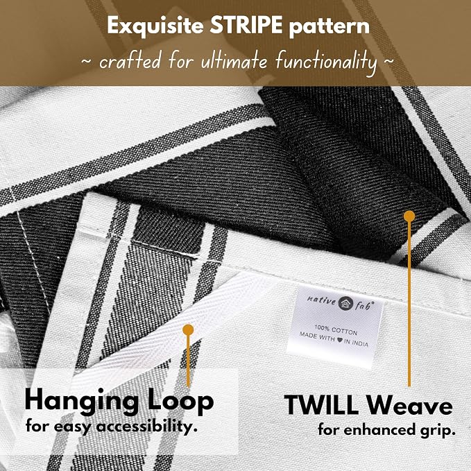 Native Fab Wide Striped Kitchen Towels - 18x28 Inch, 4 Pack Dish Towel Set, Highly Absorbent, Quick Drying, Cotton Dish Cloths for Dish Drying, Hand Wiping, and Counter Cleaning - Black
