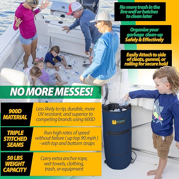Mangrove Products: Portable Boat Trash Can, Reusable Trash Bag, Boating Equipment, Boat Storage, Boat Accessories Marine, Pontoon Boat Accessories, Fishing, Sandbar, RV, or Camping