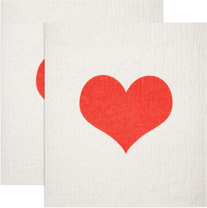 Swedish Dishcloths 2-Pack - Reusable Eco-Friendly Sponge Cloths, Replaces Paper Towels, Super Absorbent Biodegradable Kitchen Cleaning Towels, Machine Washable, Red Heart, 7.87"x6.88"