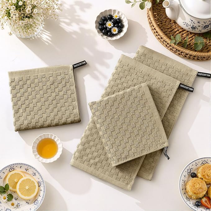 Homaxy 100% Cotton Terry Kitchen Dish Cloths, Ultra Soft Absorbent Dish Towels with Hanging Loop, Pineapple Grid Designed, 12 x 12 Inches, 12-Pack, Tan