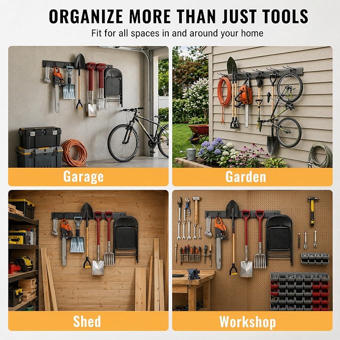 CBWLWJ Garage Tool Organizer Wall Mount, 48 inch Garage Wall Organizer, 400lbs Sturdy Garden Tool Organizer with 6 Adjustable Hooks, for Yard, Shed, Basement, Workshop(Black)