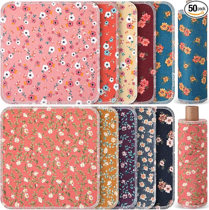 Redbaker 50 Pcs Reusable Paper Towels Paperless Reusable Cotton Cloths Toilet Absorbent Washable Paper Towels with Roll Kitchen Dishcloth for Kitchen Paperless Dishcloths(Vintage)