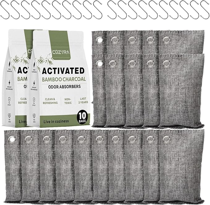 20 Pack Activated Charcoal Odor Absorber with Hooks 20 x 3.8oz Bamboo Charcoal Air Purifying Bags for Home, Pet, Closet, Shoe, Cars Natural Fresh Moisture Eliminator