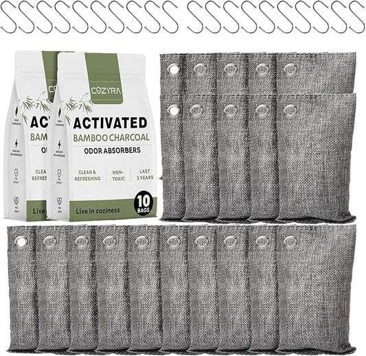 20 Pack Activated Charcoal Odor Absorber with Hooks 20 x 3.8oz Bamboo Charcoal Air Purifying Bags for Home, Pet, Closet, Shoe, Cars Natural Fresh Moisture Eliminator