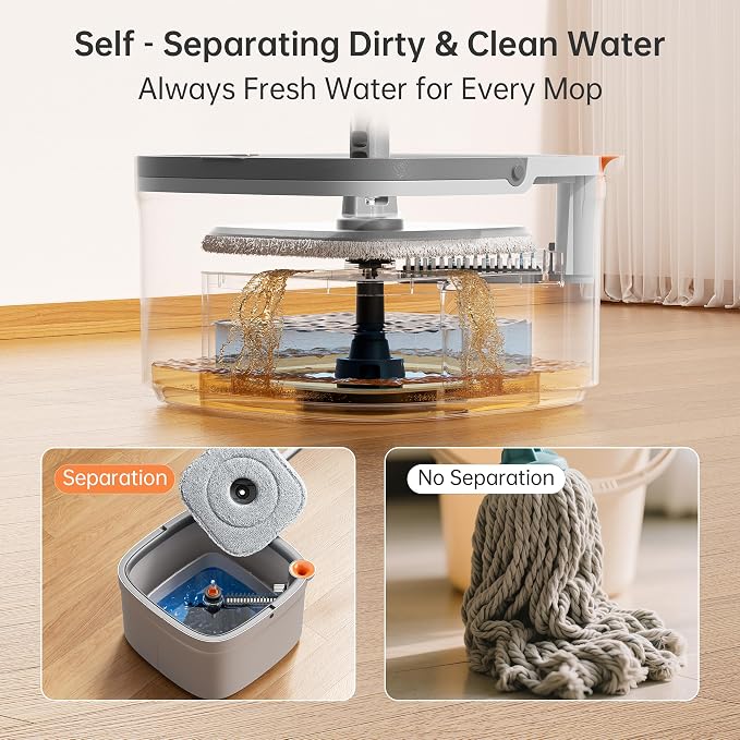 Spin Mop and Bucket Set with Self Separation Dirty and Clean Water System, Self Wringing 360° Rotating Square Mop Head for Home Floors Cleaning (1.0 Mop and Bucket Set (4 Pads))
