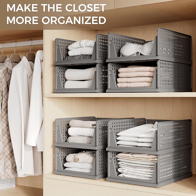 Pinkpum 8 Pack Closet Organizers Storage Bins, Stackable Plastic Drawer Basket for Clothing, Stackable Storage Bins Shelf Storage Container for Closet Wardrobe Bedroom Bathroom Office Black