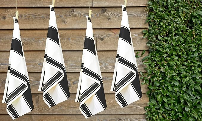 Native Fab Black Kitchen Towels 18x28 Inch, 12 Pack, Wide Stripe, Highly Absorbent, Quick Dry, Durable, Cotton Dish Towels for Wiping Hands, Drying Dishes, Counter Cleaning Dishcloth Set - Black