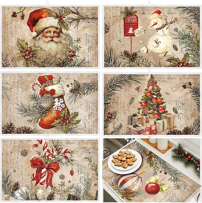 Meanplan Set of 6 Christmas Dish Drying Mats for Kitchen 24"x 16" Retro Xmas Kitchen Accessories Santa Berries Rectangle Table Mats Washable Absorbent Drainer Draining Dry Pad for Christmas Home Decor