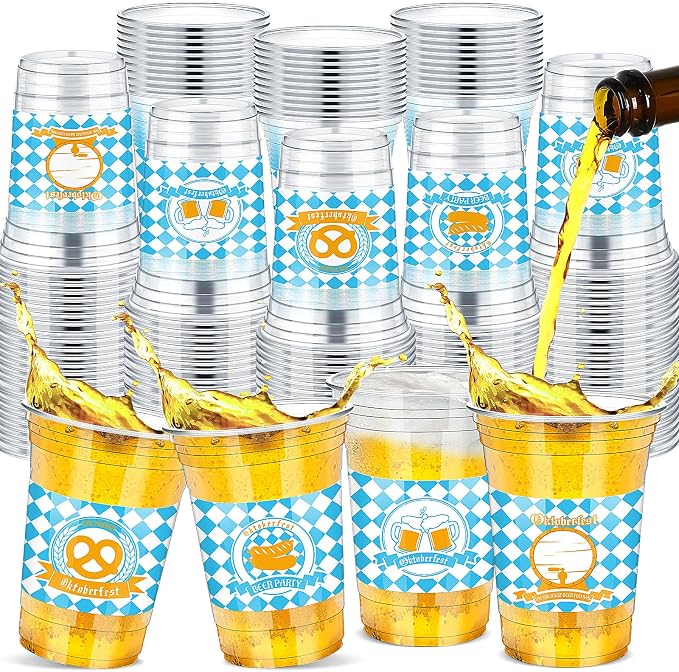 Jingmore 100 Pcs 12 oz Oktoberfest Clear Plastic Cups Oktoberfest Disposable Cups for Cold Hot Drinking Party Supply Festival Cups Beer Water Container for Beer Festival Carnival Party Favor