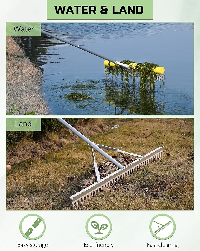 Pond Rake, 36" Floating Rake with 8.5ft (102in) Extension Handle & 20ft Rope, Aluminum Aquatic Weed Rake for Lake, Heavy Duty Landscape Rake for Algae, Muck & Debris Removal, 2-in-1 Water & Land Tool