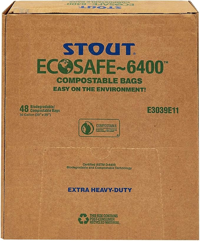 Stout by Envision Compostable Trash Bags, 30 Gallon 30" x 39", 48 Bags Per Case, ASTM6400, Green Bags, Made in America (E3039E11)